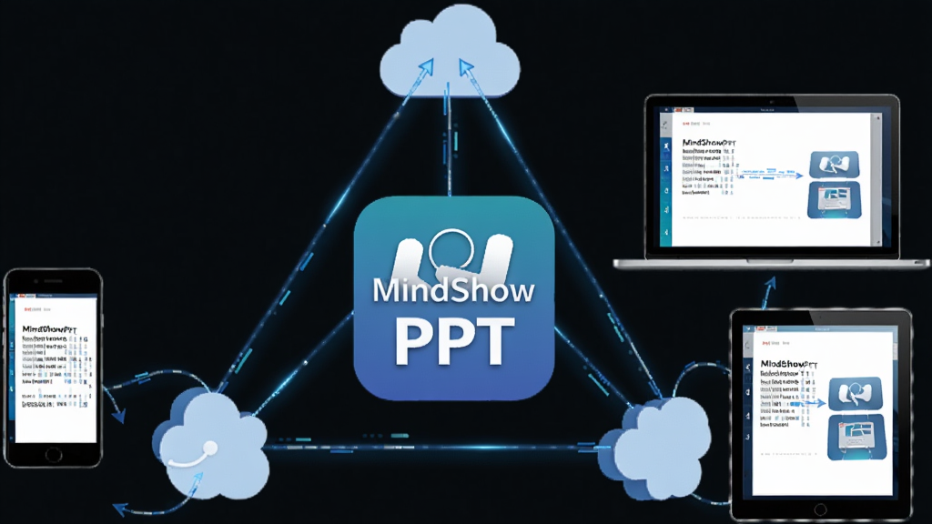 һ��չʾ���豸ͬ�������ͼƬ����������ΪMindShowPPT����ͼ�꣬���Ϊ�ֻ����Ҳ�Ϊ�ʼǱ����Ժ�ƽ�壬�豸��Ļ����ʾ��ͬ��PPT�ĵ����棬����ͻ�������ֳ����������У��Ű���⣬���Ϊ�Ƽ�������ϸ�ڰ����ƶ�ͼ�����Ӹ��豸���������������������������ɾ����޶���Ԫ��