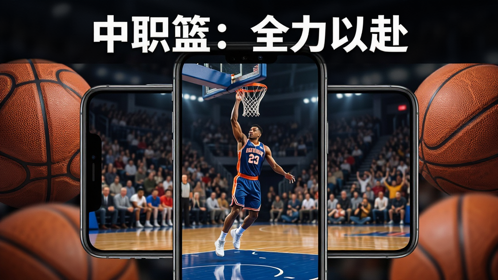 主体为一部智能手机屏幕中展示篮球比赛画面,画面里有球员扣篮与球场观众席,布局为手机居中、篮球元素环绕四周,排版采用上下结构上方标题下方手机展示,风格为写实体育竞技风,细节包含篮球纹理、球场地板反光、球员球衣号码清晰可见,画质高清干净无多余元素,图片中文字为“中职篮:全力以赴”