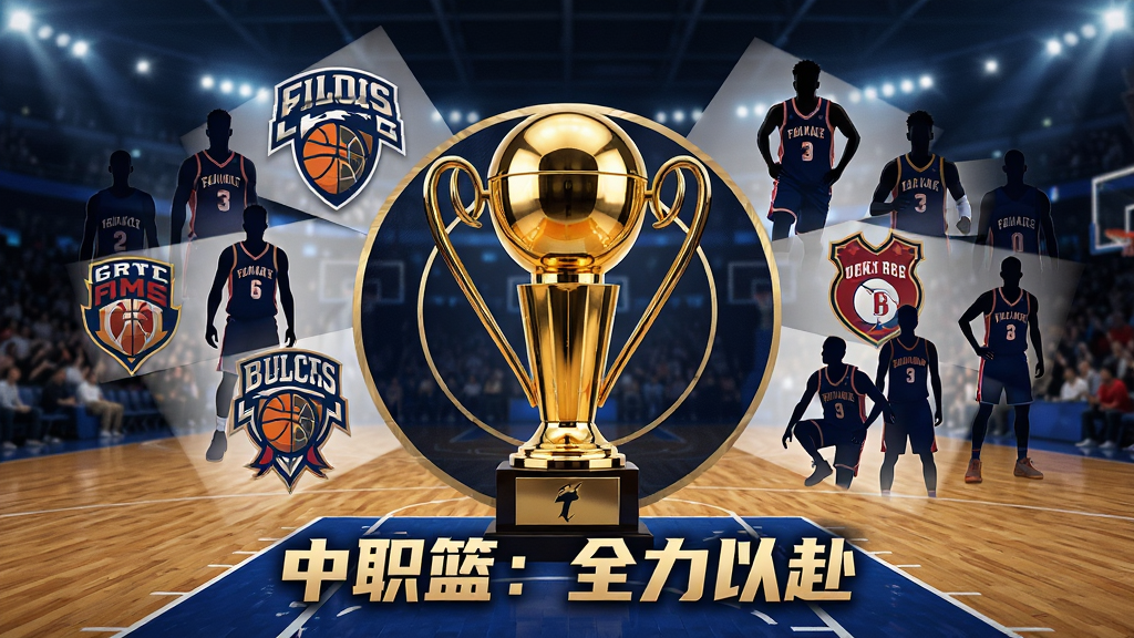 主体为篮球赛场全景,中央放置一座金色奖杯,周围环绕多支球队的队徽与球员剪影,布局采用中心对称式构图,排版为奖杯居中、球队元素环绕,风格为官方体育宣传风,细节包含奖杯反光、队徽纹理、球场木地板质感,画质高清干净无多余元素,图片中文字为“中职篮:全力以赴”