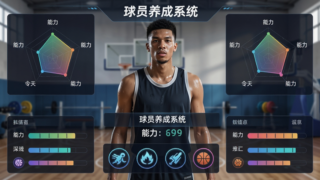 主体为一名篮球运动员站在训练馆中,周围环绕能力值雷达图与技能图标,布局为球员居中、数据面板环绕四周,排版采用上下结构上方球员下方数据,风格为体育数据可视化风,细节包含球员汗水、训练器材、能力条颜色渐变,画质高清干净无多余元素,图片中文字为“球员养成系统”
