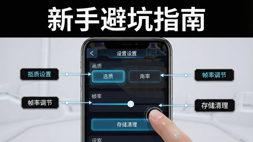 主体为手机屏幕显示篮球游戏设置界面,画面中有画质选项、帧率调节滑条与存储清理按钮,布局为手机居中、功能标注引线指向各按钮,排版采用上下结构上方标题下方手机界面,风格为科技教程风,细节包含界面UI元素、手指点击动作、设置选项高亮,画质高清干净无多余元素,图片中文字为“新手避坑指南”