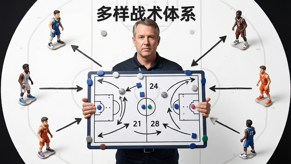 主体为篮球教练手持战术板,板上绘制多种战术跑位路线,周围有球员模型演示跑位,布局为教练居中、战术路线发散延伸,排版采用圆形构图,风格为战术分析风,细节包含战术板磁扣、球员号码、箭头指示方向,画质高清干净无多余元素,图片中文字为“多样战术体系”