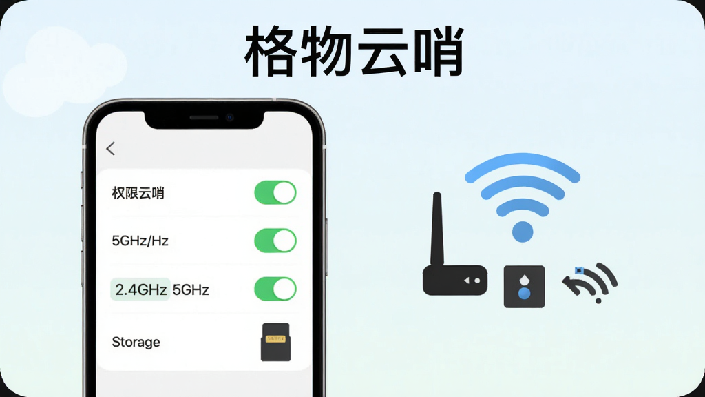 ��������ʹ�þ��鼼��ʾ��ͼ������Ϊ�ֻ���Ļ��ʾȨ�����ý�����WiFi����ʾ��ͼ����Ļ�Ϸ���ע���������ڡ����֣�����Ϊ����ǳɫ���ϸ�ڰ���Ȩ�޿����б���2.4GHz��5GHz��ʶ���洢��ͼ�꣬���ʸ��壬�ɾ����޶���Ԫ��