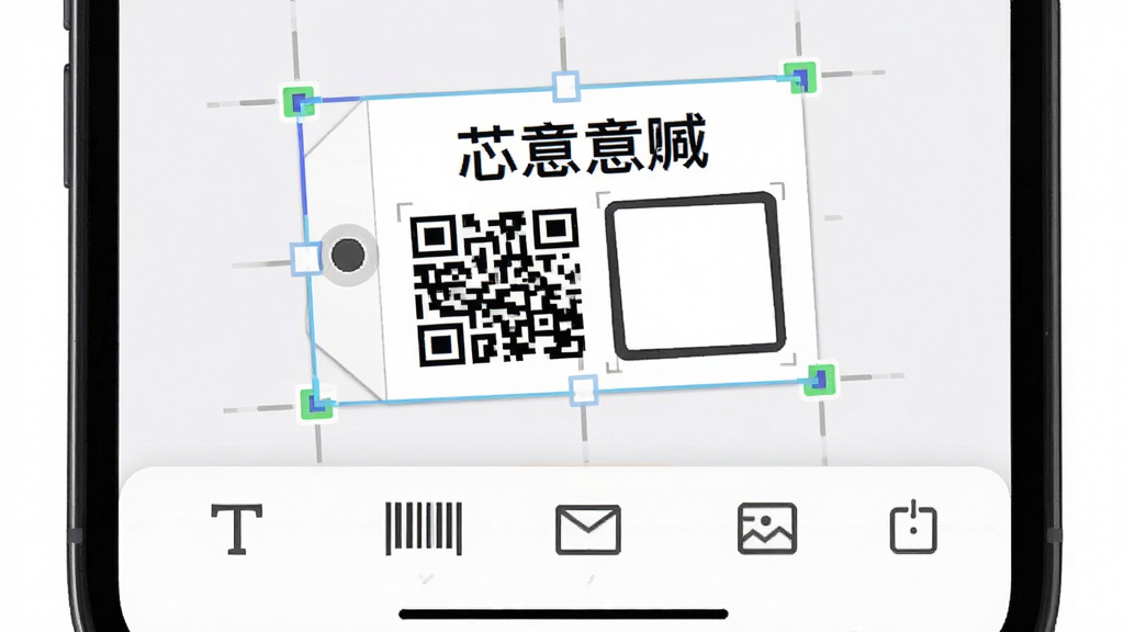 ����չʾо�������ɱ༭���棬�ֻ���Ļ������һ�����ڱ༭�ı�ǩ����ǩ�������֡���ά��ͱ߿�Ԫ�أ���Ļ�·��ǹ����������ı������롢ͼ�ε�ͼ�꣬���ֲ����ֻ�������д�����Ϊ�ִ��ƶ�Ӧ��UIչʾ�磬ϸ�ڰ����༭Ԫ�ؿ�ѡ��״̬��������ͼ����������ǩ�����Ű����룬���ʸ��壬�ɾ����޶���Ԫ��