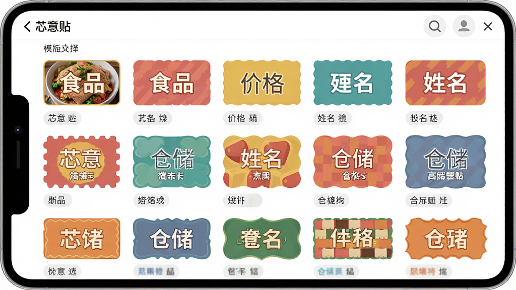 ����չʾо����Ӧ���ڵ�ģ��ѡ����棬��Ļ�������Ŷ��б�ǩģ������ͼ������ʳƷ���۸��������ִ��ȷ����ǩ��ÿ��ģ����ʽ���죬ɫ�ʷḻ���������룬����Ϊ����״չʾ�����Ϊ��ˬ��ƽ��UI��Ʒ磬ϸ�ڰ���ģ��Ԥ��ͼ�����������ǩ���ֿɱ桢�����������ʣ����ʸ��壬�ɾ����޶���Ԫ��