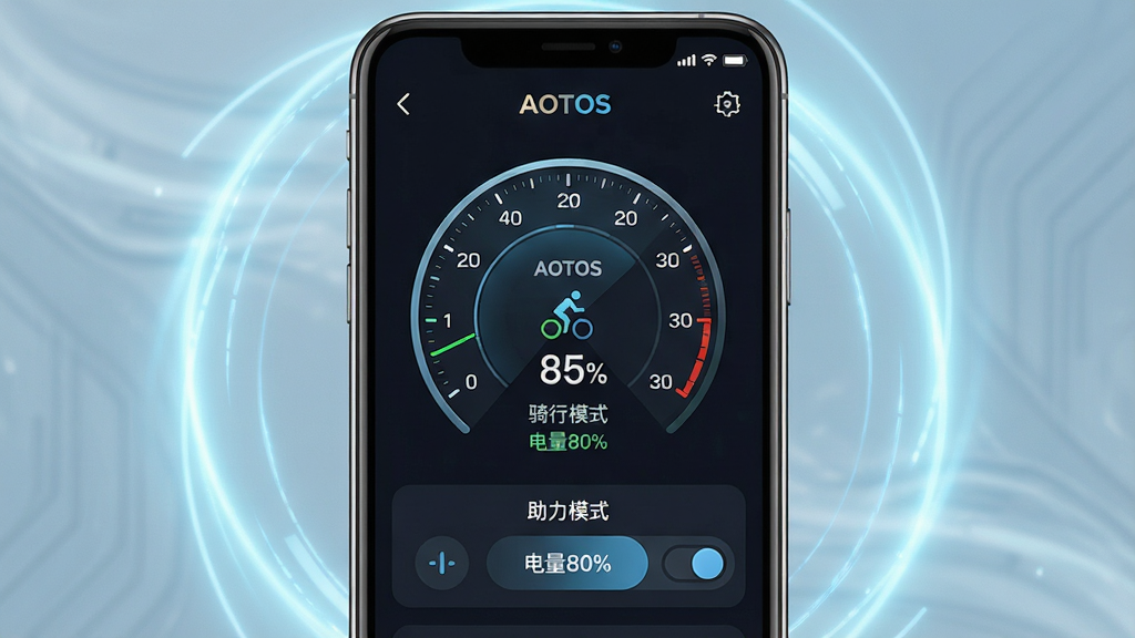 һ��չʾAOTOS�ֻ�App�����������ֻ���Ļ��������ʾ��ͼƬ��������App�����ƽ��棬�����ٶ��Ǳ��̡������ٷֱȡ�����ģʽ�л���ť������Ϊ�ֻ��������з��ã���Χ���Ƶ���ɫ�Ƽ���Ч���Ű���ֱ�ۣ����Ϊ�ִ�UI��Ʒ��ϸ�ڰ���ͼ�꾫�¡���������������Ϊ��ɫģʽ������Ϊ������Ⱦͼ���ɾ��޶���Ԫ�أ�ͼƬ����������Ϊ��AOTOS��������ģʽ��������80%��
