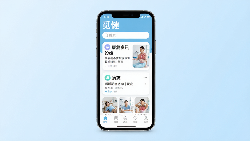 �ٽ�APP����չʾͼ������Ϊһ�������ֻ���Ļ����Ļ����ʾ�ٽ�Ӧ����ҳ��ҳ�涥�����ٽ�Logo�����������м俨Ƭʽ����չʾ������Ѷ�Ͳ��Ѷ�̬���ײ������������ɼ�������Ϊ�ֻ����з��ã�����Ϊǳ��ɫ���䣬���������ҽ�ƽ����磬ϸ�ڰ���ͼ��Բ������������ɫ����ͣ����ʸ���ɾ��޶���Ԫ��