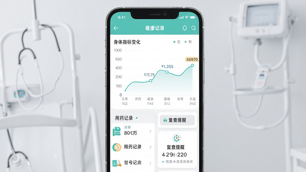 �ٽ�������¼����չʾͼ������Ϊ�ֻ���Ļ��ʾ�ٽ�APP�Ľ�����¼ҳ�棬ҳ����������ͼչʾ����ָ��仯���·�����ҩ��¼�б��͸������ѿ�Ƭ������Ϊ�ֻ���ֱ���ã�����Ϊǳ��ɫҽ�Ʒ��ϸ�ڰ���ͼ���������������ݱ�ע��ȷ��ͼ���࣬���ʸ���ɾ��޶���Ԫ��