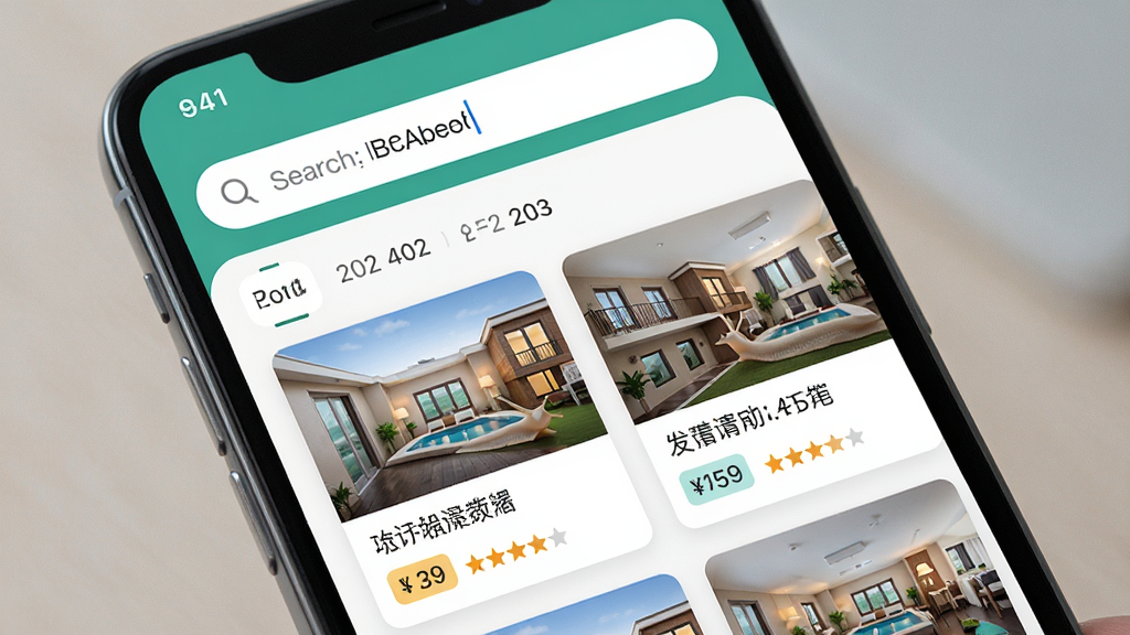 �ֻ���Ļ������ʾ��ţԤ��APP��ҳ���棬��������������Ŀ�ĵس��У��·����оƵ꿨Ƭ��۸��ǩ�����岼���������Ű��࣬���Ϊ�ִ���ƽ��UI��ƣ�ϸ�ڰ�������ѡ�������Ǽ�����ͼ�꣬���ʸ��壬����ɾ��޶���Ԫ��