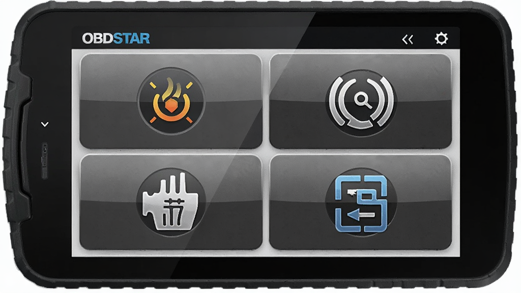 ����ΪOBDSTAR�ֻ�������д������չʾ���ܲ˵������Ű�Ϊ�Ĺ������У����Ϊ�ִ����ﻯ��ϸ�ڰ���������ͼ�ꡢɲ��ͼ�ꡢ������ͼ�ꡢ����ͼ�꣬���ʸ���ɾ��޶���Ԫ�أ�ͼƬ�����֡�OBDSTAR��