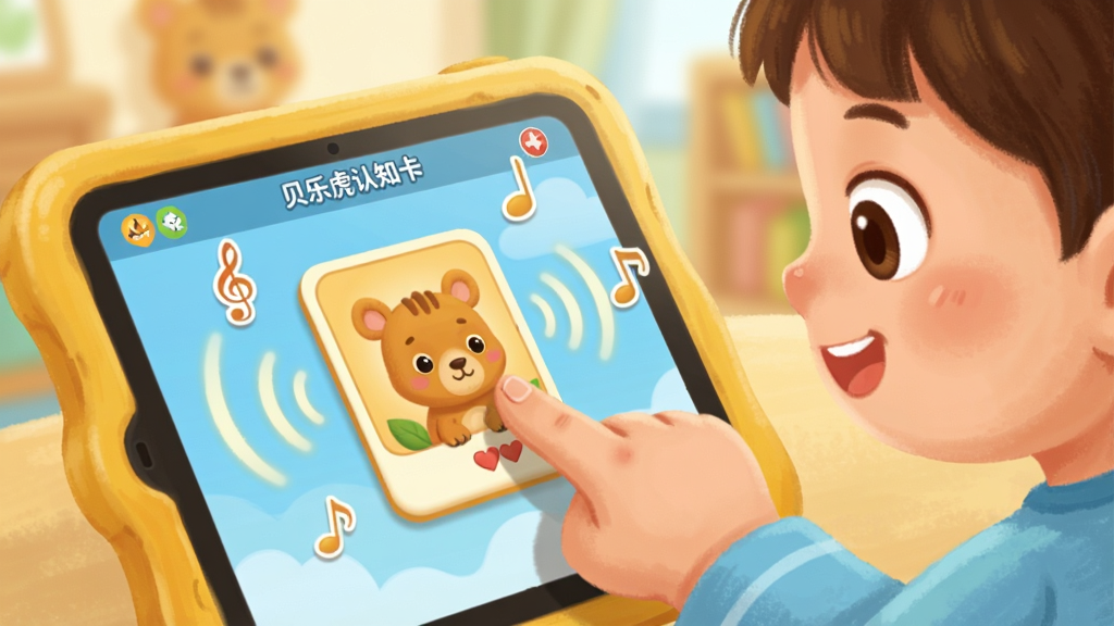 ��������Ϊһ����ͨ��ͯ��ָ�ᴥƽ����Ļ�ϵĶ��￨Ƭ����Ƭ��Χɢ���������������������ţ������Զ�ͯ��ָ�뿨ƬΪ�Ӿ����ģ������黯�������Ű���ͻ�����������������Ļ����ʾ�����ֻ���֪����С�ֱ�ʶ�����Ϊ��ܰ���Ӳ廭�磻ϸ���϶�ͯ����רע���ã�ɫ����ů�ƺ�ǳ��Ϊ��������ϸ�壬����ɾ����޶���Ԫ�ء�