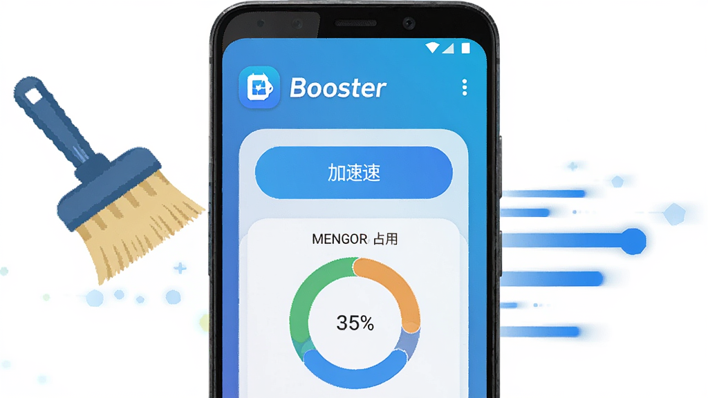 ��ͼչʾһ����׿�ֻ���Ļ������ʾBooster�������棬�������м��ٰ�ť���ڴ�ռ�û���ͼ���ֻ���Χ����������ˢ���ٶ�����Ԫ�أ�����Ϊ���й�ͼ�����Ϊ�Ƽ���Լ��ƽ����ϸ�ڰ�����ɫ���䱳��������ͼ�������