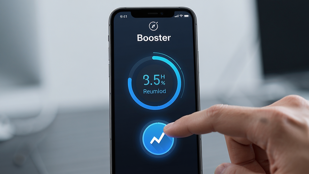 ��������Ϊһֻ�ֵ���ֻ���Ļ�ϵļ��ٰ�ť����Ļ����ʾBooster�������ƺ��ڴ��ͷŶ���������Ϊ�ֻ���д���У����Ϊдʵ�Ƽ��磬ϸ�ڰ�����ɫ��Ч������������Բ�ν�����������Ϊ���塢�ɾ����޶���Ԫ��