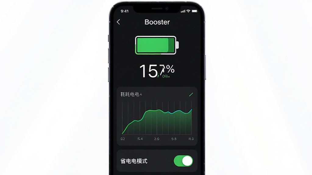 ��������Ϊ�ֻ���Ļ��ʾBooster��ع������棬�������е��ͼ�ꡢ�ĵ�����ͼ��ʡ��ģʽ���أ�����Ϊ�ֻ�����չʾ�����Ϊ�ִ���Լ��ϸ�ڰ�����ɫ���ͼ�ꡢ�ٷֱ����֡���������