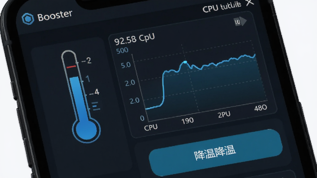 ��������ΪBooster����CPU��ؽ��棬��Ļ����ʾ�¶ȼ�ͼ�ꡢCPUռ�������ߺͽ��°�ť������Ϊ�ֻ���Ļ��д�����Ϊ�Ƽ��Ǳ��̷磬ϸ�ڰ�����ɫ�¶�ָʾ������ͼ������������