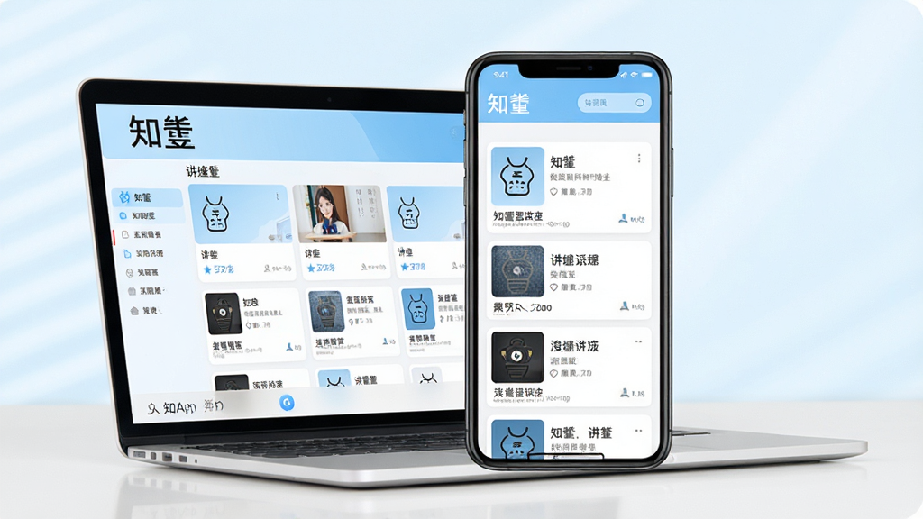 һ��չʾ֪�App��������ֻ������˫��Ч��ͼ�������������ֻ���Ļ��ʾ֪�Ľ����б�ҳ�棬�����һ̨�ʼǱ�����ͬ��չʾ��ͬ���ݣ����岼�ּ������������ǳ��ɫ���ɫΪ������ˬ��ɫ������ִ���Լ��ϸ����ͻ���������ơ�֪󾡱�����뽲����ƬԪ�أ����ʸ��壬�ɾ����޶���Ԫ��