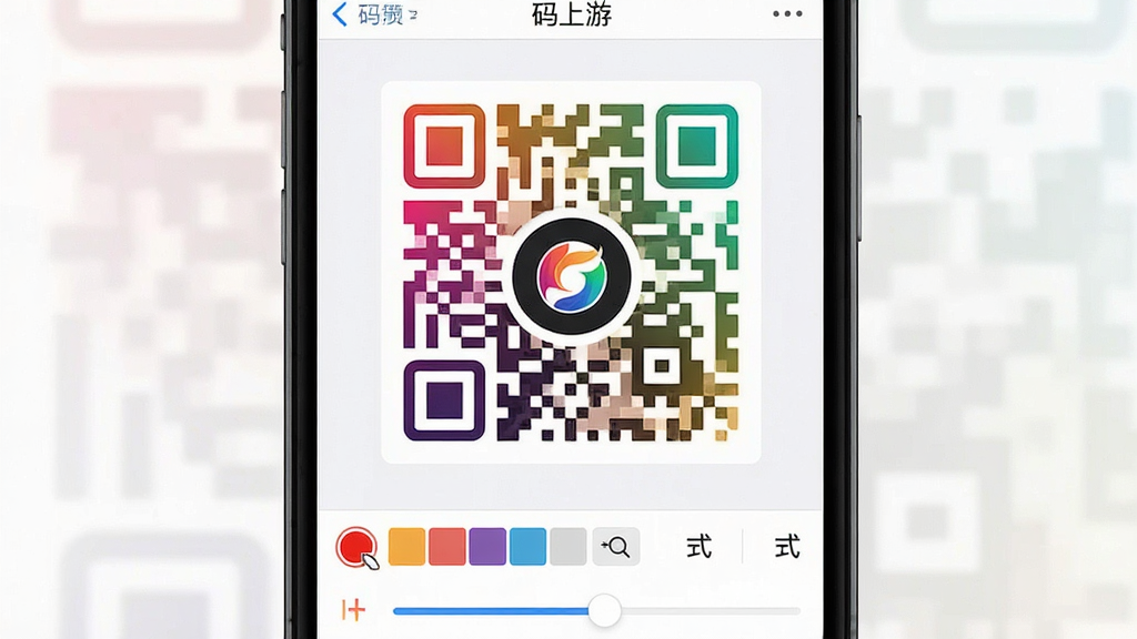 һ��չʾ�����ζ�ά�������༭�����ͼƬ�������������ֻ���Ļ�ϵı༭ҳ�棬��Ļ����ʾ��һ�����в�ɫ����Ķ�ά�룬��ά������Ƕ��һ��Բ��Logo��ҳ��ײ�����ɫѡ��������ʽ�������飬���ֲ������½ṹ�����Ϊ�ִ���ƽ��UI��ƣ�ϸ�ڰ�����ɫѡ�����Ķ��ɫ�顢��ά��ľ�ϸ������Logo��������Ե�����ʸ��壬�ɾ����࣬�޶���Ԫ�ء�