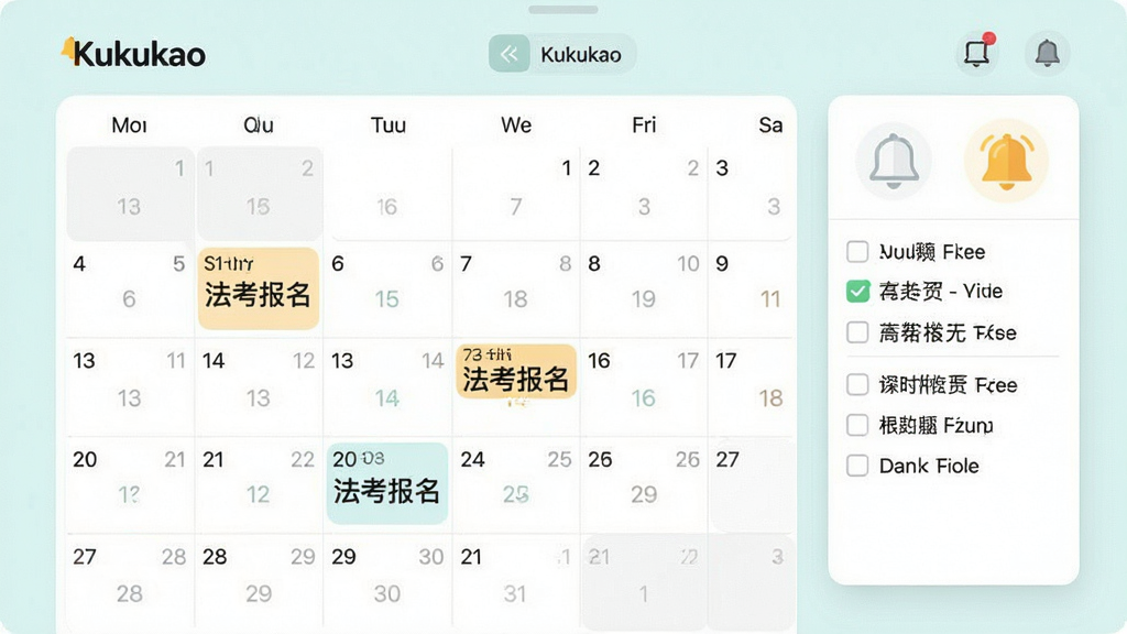 һ����ʾ��������������Ľ���ͼ�����������ǡ�Kukukao��Ӧ�õ��ճ̹���ҳ�棬�����ϱ�ע�˷��������뿼�����ڣ��Ա�����������ͼ�꣬����Ϊ���п�Ƭʽ�����Ϊ����ǳɫϵ��ϸ�ڰ������ڸ���������嵥�����������ɾ����޶���Ԫ��