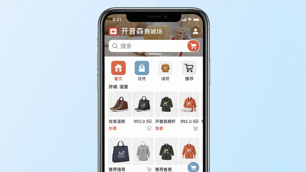 һ��չʾ����ɭ�̳��ƶ���Ӧ�ý���ĳ���ͼ������������һ�������ֻ�����Ļ��������ʾ����ɭ�̳ǵ���ҳ��������Ʒ����ͼ�ꡢ���������Ƽ���Ʒ�б�������Ϊ��͵�ǳ��ɫ���䣬������ִ���ϸ�ڰ�����Ʒ����ͼ�͹��ﳵͼ�꣬�����������ɾ����޶���Ԫ��
