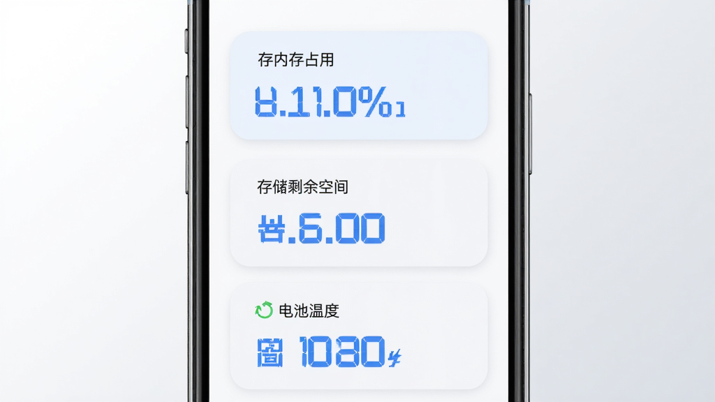 ���������豸״̬������ʾ��ͼ���ֻ���Ļ������ʾ�ڴ�ռ�ðٷֱȡ��洢ʣ��ռ䡢����¶ȵ����ݿ�Ƭ����ƬΪǳɫԲ����ƣ���������ɫ������ʾ������Ϊ��ɫ��ǳ�ҵ���ͽ��䣬�����ˬֱ�ۣ�ϸ�����������ʸɾ��޶���Ԫ��