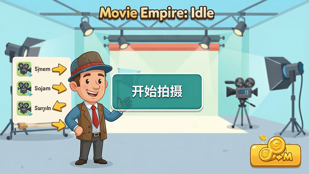 Movie Empire: Idle�����������棬����չʾһλ��ͨ��Ƭ��վ����Ӱ��ǰ���Ա��м�ͷָ�������б��ͽ����ȡ��ť����Ļ���뵯��