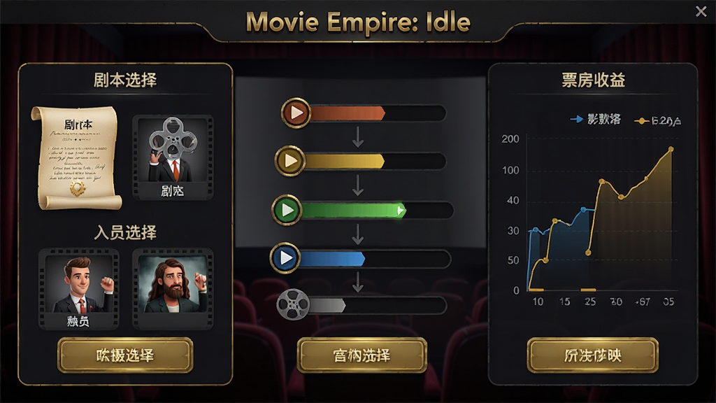 Movie Empire: Idle��Ӱ�������̽��棬����չʾ�Ӿ籾ѡ��ӰԺ��ӳ�Ķ�����ڣ�����Ǿ籾����Աѡ����壬������������������Ҳ���Ʊ������ͳ��ͼ�������������ɫӰԺ��񣬰�ť���н�ɫ��ߣ���Ļ�Ϸ���ʾ
