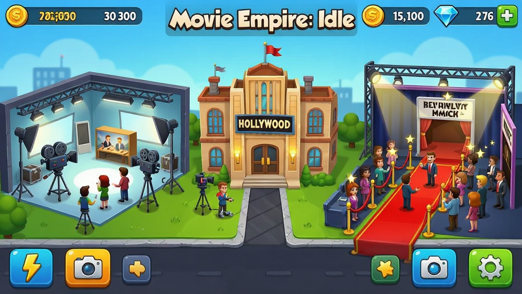 Movie Empire: Idle��Ϸ������ȫ����ͼ������������һ�������ĺ��������Ӱ��Ƭ��������������������Ӱ��Ҳ����ǹ����ڵĺ�̺��ӳ���ֳ���������ʾ�������ʯ��Դ�����ײ����������������㰴ť��������ÿ�ͨ��Ⱦ���ɫ������������ϸ�ڷḻ�����������ɾ����޶���Ԫ�أ������д���