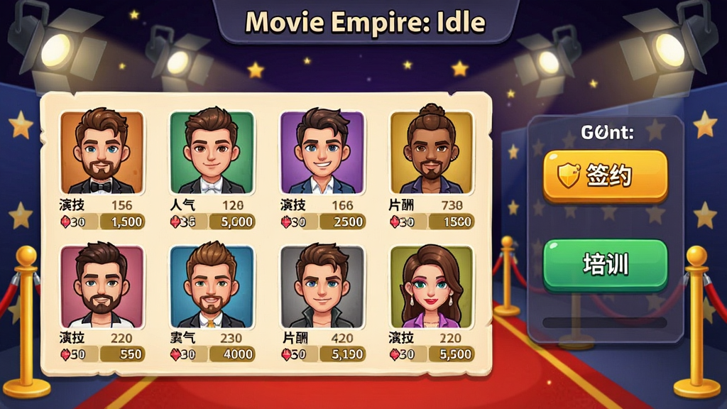 Movie Empire: Idle�������ɽ��棬�����ж�λ��ͨ������Աͷ��������ѡ������ϣ�ÿλ��Ա�����ݼ���������Ƭ����ֵ���Ҳ���ʾǩԼ����ѵ��ť���������ǹ��̺����Ӱ�ƣ�������������죬��Ļ�Ϸ���ע