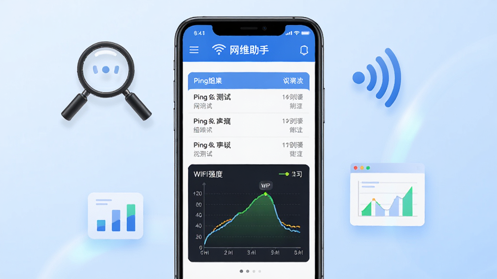 ��ά����������Ϲ��߽��棬�ֻ���Ļ��ʾPing���Խ���б���WiFi�ź�ǿ������ͼ��������ɫΪ������䣬����Ϊ����ɫ���䣬��Ļ��Χ�зŴ󾵡��źŲ��ơ�����ͼ��������Ԫ�أ����רҵ��ˬ�����־��У����ʸ��壬�ɾ����޶���Ԫ�ء�