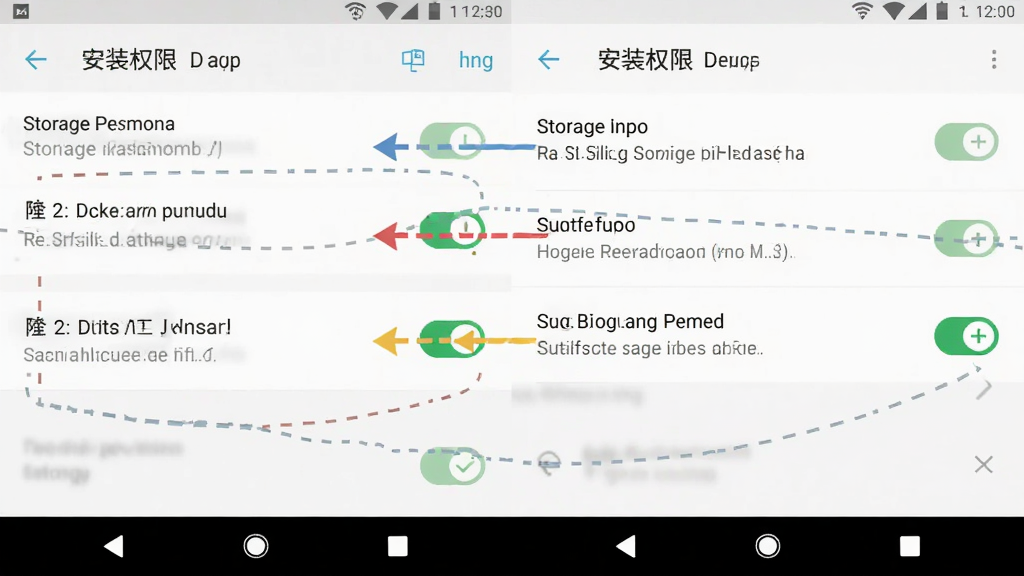 我爱倒果酱游戏在安卓手机上的安装权限设置界面截图,展示存储权限和悬浮窗权限的开启状态,界面清晰标注每一步操作,背景为手机系统设置页面,风格简洁,画质清晰,干净无多余元素
