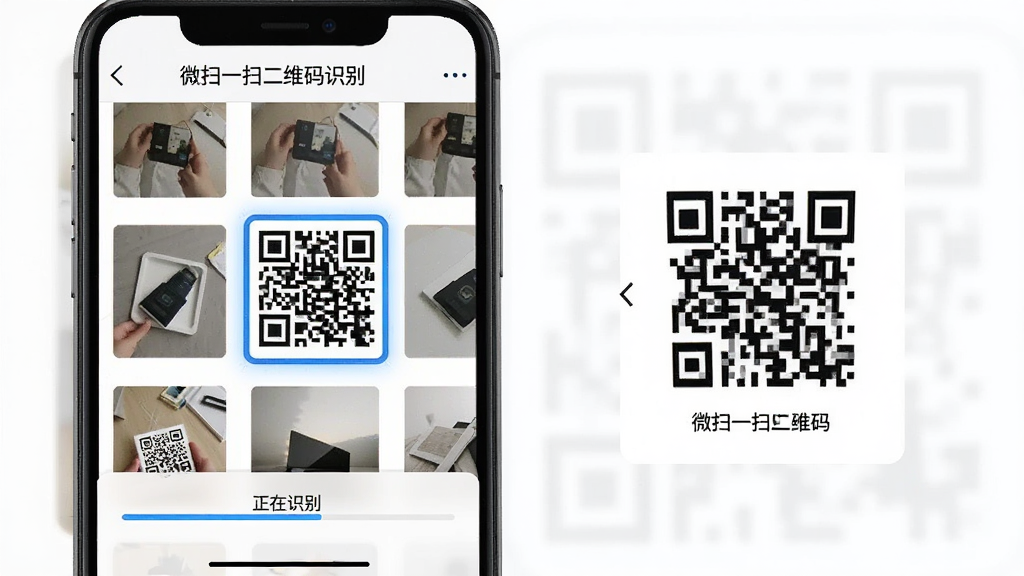 微扫一扫二维码识别相册识别功能界面,手机屏幕显示相册缩略图列表,其中一张带有二维码的图片被高亮选中,界面下方弹出“正在识别”的进度条,识别完成后显示二维码内容预览框,软件名称“微扫一扫二维码识别”显示在顶部导航栏,整体界面采用浅色主题,布局清晰,操作直观,高清画质,干净简洁