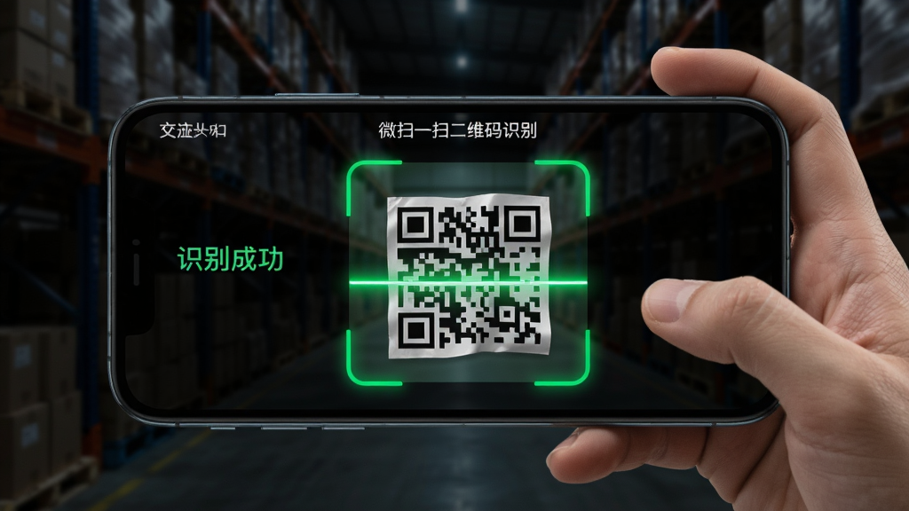 微扫一扫二维码识别极速扫描场景,手机横向握持,屏幕中扫描框精准锁定一张略微褶皱的二维码,扫描线呈现亮绿色光芒,背景是昏暗的仓库环境,画面强调扫描速度与精准度,手机屏幕显示“识别成功”的提示,软件名称“微扫一扫二维码识别”出现在屏幕顶部,科技感十足,高清画质,干净利落
