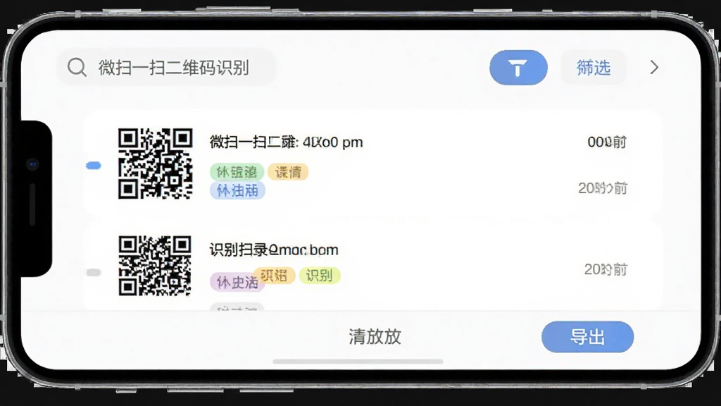 微扫一扫二维码识别历史记录管理界面,手机屏幕展示按时间排列的扫码记录列表,每条记录包含二维码缩略图、识别内容和扫描时间,部分记录带有彩色标签分类,顶部有搜索框和筛选按钮,底部有清空和导出选项,软件名称“微扫一扫二维码识别”位于页面顶部,界面风格简约现代,高清画质,干净整洁
