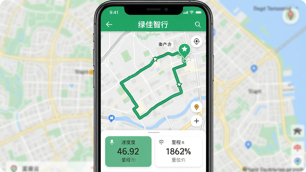 �ֻ���Ļչʾ�̼�����APP�����й켣��ͼҳ�棬��ͼ������ɫ��·������������յ��ǣ��·����ٶ���������ݿ�Ƭ������Ϊģ���ĳ��е�ͼ��дʵ��񣬻������࣬����������