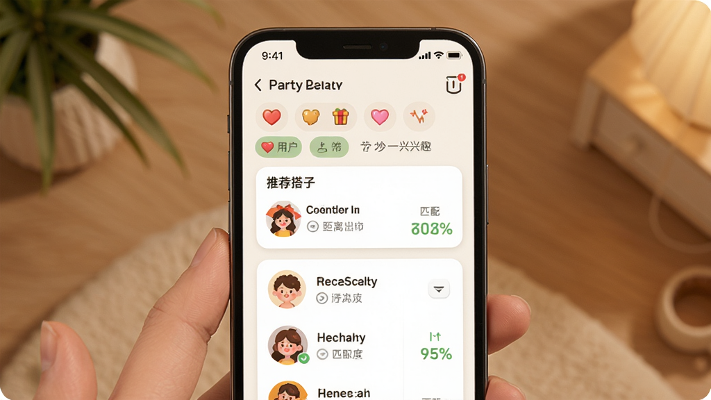 ���Party��Ȥƥ�����Ԥ��ͼ������Ϊ�ֻ���Ļչʾ�û���Ȥ��ǩ���Ƽ������б������ֿ�Ƭʽ���У��Ű����룬�����ů���ã�ϸ�ڰ�����Ȥͼ�ꡢ������ʾ��ƥ��Ȱٷֱȣ����ʸ��壬�ɾ����޶���Ԫ��