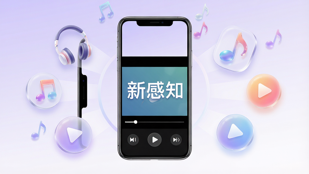 Ϊ�¸�֪App����һ�Ŷ�ý�幦��չʾͼ��������һ���ֻ��������ã���Ļ��չʾ��Ƶ���Ž��棬��ΧƯ���Ŷ��������������Ű�ť��ͼ�ꡣ���ֲ������ķ�ɢʽ���ֻ����У�ͼ�껷�����ܣ����������죬ϸ����ͼ����а�͸���ʸУ�����Ϊǳ��ɫ����ɫ�Ľ��䣬���ʸ��壬�ɾ��޶���Ԫ�أ�ͼ�����ֱ�ע���¸�֪��������