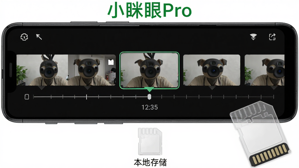 ����������һ����׿�ֻ���ʾС����Pro��¼��طŽ��棬ʱ�����������Ŷ����Ƶ����ͼ������һ�α�����ѡ�У��ֻ��·���һ��͸���Ĵ洢��ͼ��͡����ش洢������������Ϊ�ֻ����С��洢��ͼ�������½ǣ��Ϸ�����ɫ����д�š�С����Pro�������Ϊ��ƽ����Ʒ����չʾ��ϸ�ڰ�������ͼ������Ԥ����ʱ����Ŀ̶��ߡ��洢��ͼ��Ľ�����������������Ҫ��2K���塢����ɾ����޶�����š�