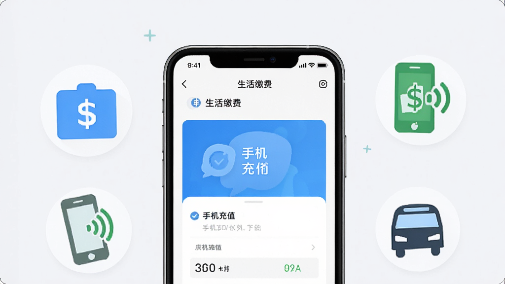 һ��չʾ�����й�App��������ܽ����ͼƬ��������һ���ֻ���ʾ����ɷѺ��ֻ���ֵҳ�棬�ֻ���Χ������ˮ���ͼ�ꡢ�ֻ��ź�ͼ��ͽ�ͨͼ�꣬����Ϊ���ŵ�ǳ�Ұ�ɫ������Լʵ�ã�ϸ�����������ʸ��壬�ɾ����࣬�޶���Ԫ��