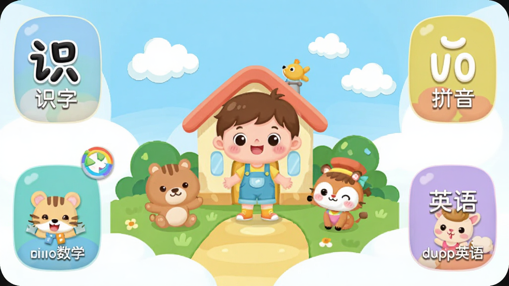 �����ѧ����������չʾ�������ǿ�ͨ���Ķ�ͯѧϰ��԰���������ֲܷ�ʶ�֡�ƴ������ѧ��Ӣ���ĸ�������ڣ�ɫ��������ͣ����岼���������򣬷��Ϊ��ƽ����ͯ�廭��ϸ�ڰ���Բ���ͼ�ꡢ�ɰ��Ķ����ɫ��Ʈ�����ƶ�װ�Σ����ʸ��壬�ɾ����޶���Ԫ��