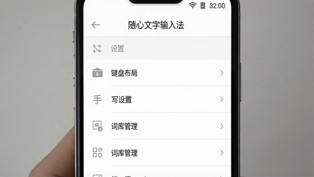 一张手机应用界面的截图风格图片,画面中“随心文字输入法”的设置菜单页面,包含键盘布局、手写设置、词库管理等选项列表,界面风格极简,白色背景搭配浅灰色图标,排版整齐,画质清晰干净