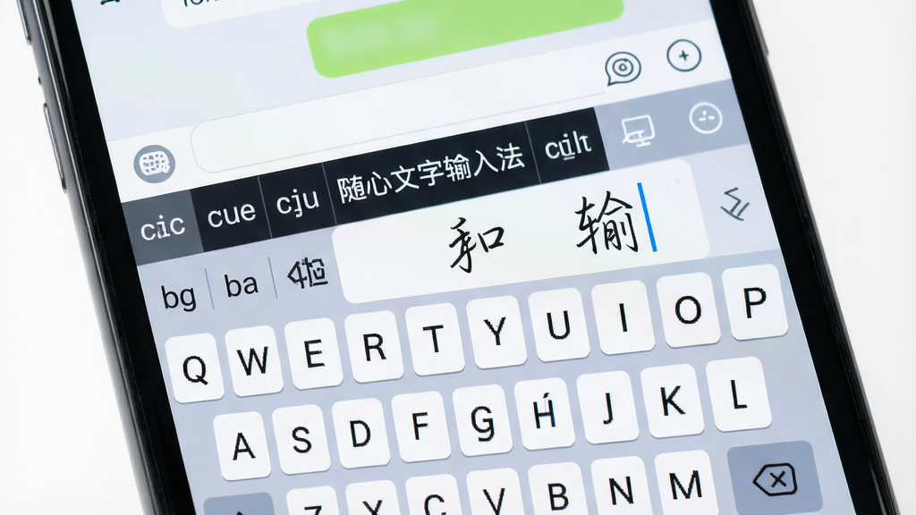 一张展示手机屏幕的图片,屏幕中央显示“随心文字输入法”的键盘界面,键盘上方是拼音候选栏和手写输入区域,背景是简洁的浅色聊天界面,整体风格清爽干净,画质清晰,无多余元素