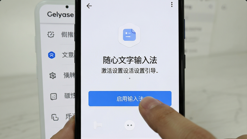 一部安卓手机屏幕显示“随心文字输入法”的激活设置引导页面,画面中有手指点击“启用输入法”按钮的动作,背景是手机系统设置界面,风格简洁明了,画质清晰,无杂乱元素