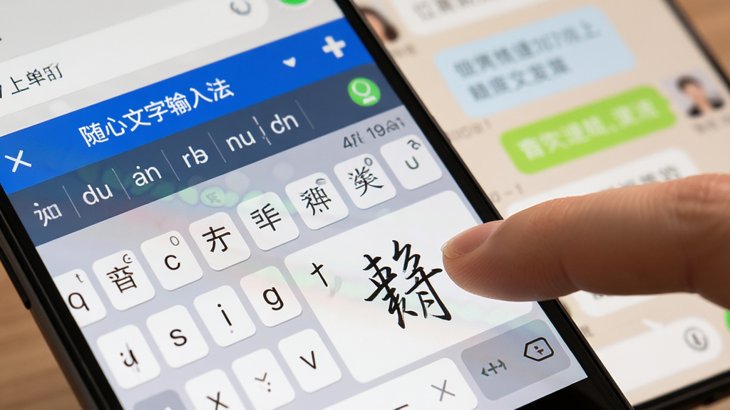 一部安卓手机的特写画面,屏幕上“随心文字输入法”的键盘同时展示拼音候选栏和手写书写区域,手指正在屏幕上书写汉字,背景是温馨的聊天对话界面,整体色调柔和,画质干净清晰