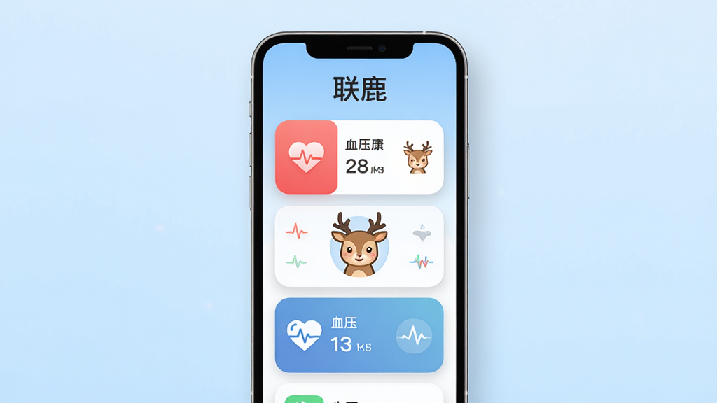 ������һ�����������ֻ����棬��Ļ����ʾ�š���¹��Ӧ�õ���ҳ����ҳ�������ʡ�Ѫѹ�Ƚ������ݿ�Ƭ��һֻ��ͨ¹��ͼ�ꡣ����Ϊ�ֻ����з��ã������Ǹɾ���ǳ��ɫ���䡣�Ű����ֻ���Ļ���������ɼ������֡���¹��λ����Ļ���������Ϊ�ִ���ƽ��UI��ƣ�ϸ�ڰ���Բ��ͼ�ꡢ��͵���Ӱ��������������ʾ������Ϊ���壬�ɾ����޶���Ԫ�ء�