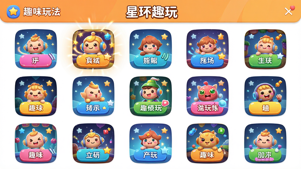 ��������Ϊ���ǻ�Ȥ�桱Ӧ���ڵ�Ȥζ�淨���Ͻ��棬���ֲ�����������չʾ���С��Ϸͼ�꣬�Ű��������򣬷��Ϊ���ÿ�ͨ�磬ϸ�ڰ�����ɫ��ť����̬��Ч����Ϸ����ͼ�����ʸ��壬�ɾ����޶���Ԫ��