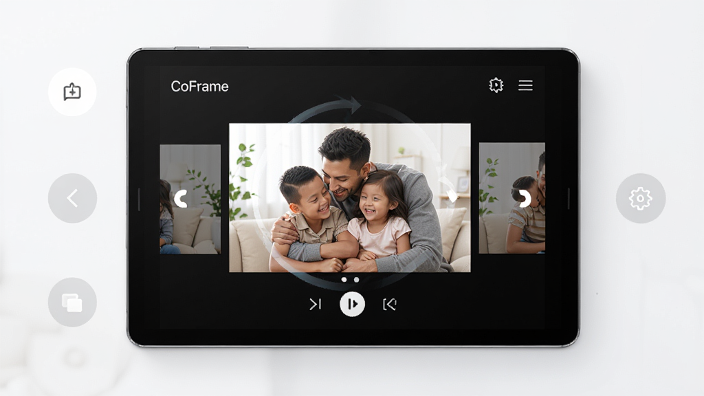 CoFrame�������Ӧ�ý���չʾ������Ϊһ̨������׿ƽ����ʾ�ż�ͥ��Ƭ�õ�Ƭ�����־��У���Χ�м���UI���ư�ť���Ű���ˬ������ִ��Ƽ��У�ϸ�ڰ�����Ƭ�л�����Ч�������ò˵�ͼ�꣬���ʸ��壬�ɾ����޶���Ԫ��