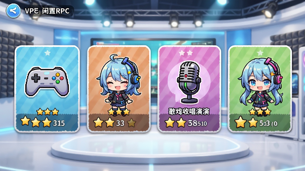 һ��VTuber����RPG��Ϸ��ֱ������ѡ������ͼƬ������չʾ���ֱ�����⿨Ƭ�������У�ÿ�ſ�Ƭ���ж�Ӧ��ͼ��ͽ�ɫQ����������Ϸ�ֱ�������Ϸֱ������˷�����質���ݣ��������������ݲ��ҷ�񣬷��Ϊ��ϵ��ͨ��ϸ�ڰ�����Ƭ�ϵ��Ǽ����ۺ����汶�ʣ����ʸ��壬�������࣬�޶���Ԫ��