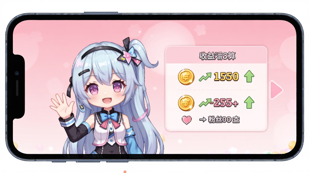 һ��չʾ�ֻ���Ļ��VTuber����RPG��Ϸ���������������ͼƬ�������������ֻ���Ļ����Ļ����ʾһ���ɰ�������������ɫ���ڻ��֣��Աߵ������������壬�����н�Һͷ�˿�������������֣���������͵ķ�ɫ���䣬���Ϊ���¶���Ԫ��ϸ�ڰ������ͼ���������ͷ�������������ɾ��޶���Ԫ��