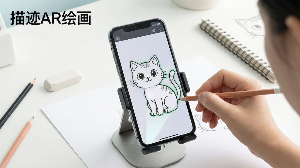 һ��չʾ�輣AR�滭�������Ĺ��ܵĳ���ͼ������������һ�������ֻ�����֧���ϣ��ֻ���Ļ��ʾһֻ��ͨè���߸壬ͨ��ARͶӰ��è�������������·���ֽ�ϣ��û��ֳ�Ǧ��������ġ�����������������������������Ǧ�ʡ���Ƥ�����豾���������Ͻ���ʾ��������