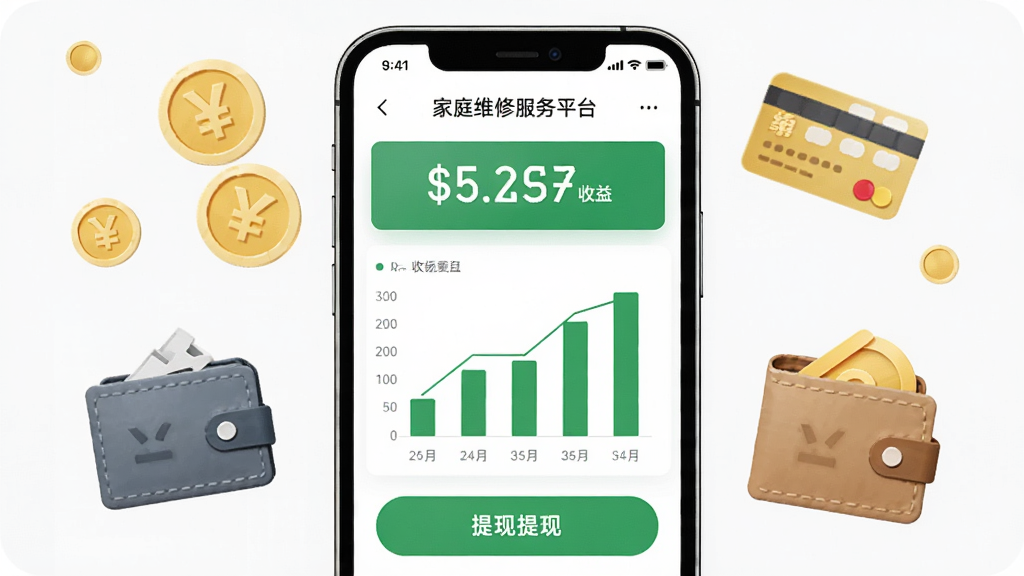 ��ͥά�޷���ƽ̨�̼Ҷ�չʾ����ͳ��ҳ�棬�����������ֻ���Ļ��ʾ����ͼ�������ְ�ť�������н�Һ����п�ͼ�꣬���ֲ������·ֲ�ṹ�����Ϊ�����Լ�磬ϸ�ڰ�����ɫ�������֡���״ͼ��Ǯ��ͼ�꣬���ʸ���ɾ��޶���Ԫ��
